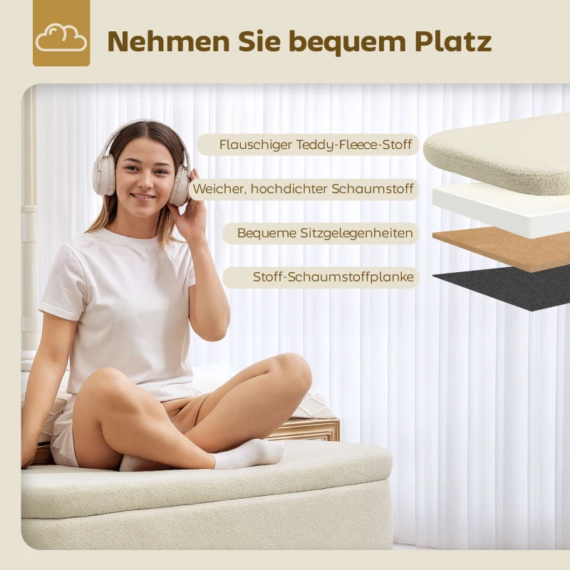 HOMCOM Aufbewahrungsbank, Sitzbank mit 65 L Stauraum, Teddy-Fleece-Stoff, Kautschukholz, 120 x 42 x 45 cm, Beige