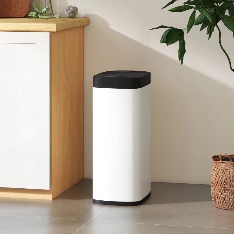 HOMCOM Lixeira de cozinha automática 50 L, lixeira com sensor de movimento, funciona com pilhas, 26,5x35,5x68cm, creme