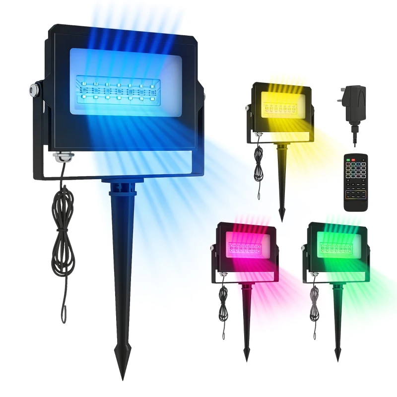 Outsunny 32W LED Floodlights, Linkable 4-Pack Landscape Lighting with Remote Control, RGB Colour Changing, UK Plug, Black