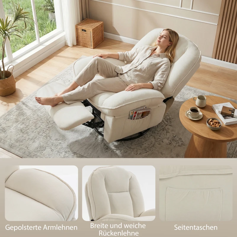 HOMCOM Fotoliu recliner, fotoliu rotativ cu funcție de balans și șezlong, șezut adânc, pernuță spate groasă, montaj ușor, crem