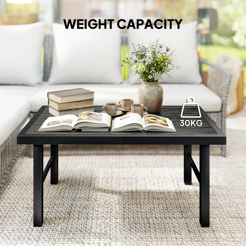 Outsunny Metal Garden Coffee Table, Outdoor Side Table with SPC Woodgrain Tabletop for Outside, 100 x 52 x 46cm, Dark Grey