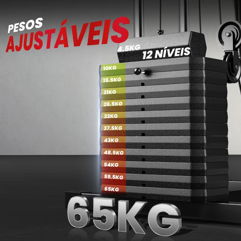 HOMCOM Máquina de Musculação com Pesos Ajustáveis de 65 kg Imprensa de Peito e Pernas Polia 135x103x210 cm Preto