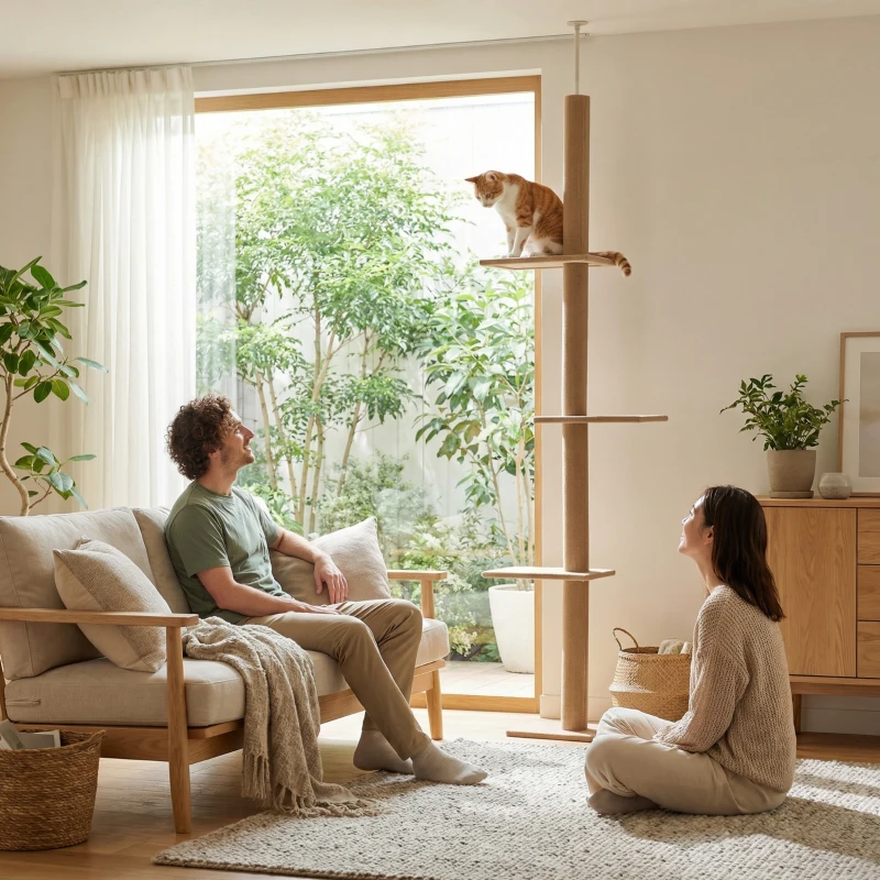 PawHut Arbre à chat poteau à griffer hauteur réglable dim. 43L x 27I x 228-260H cm 4 niveaux d'activités marron