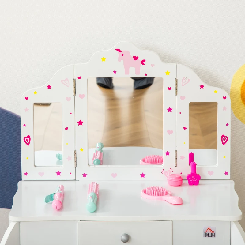 Homcom Set Masuta Machiaj Copii – Oglinda Rotativa + Taburet