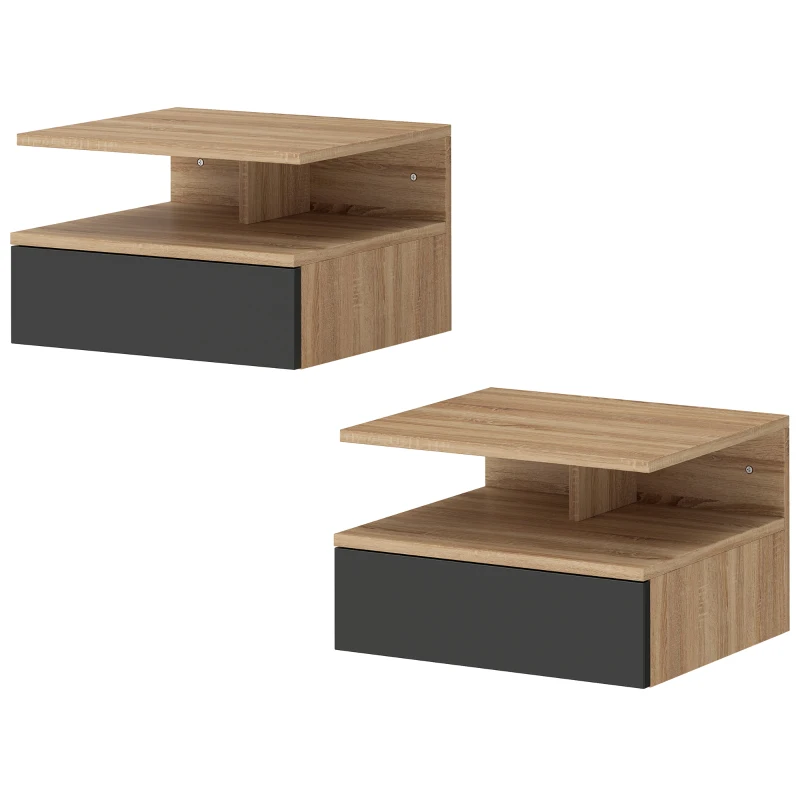 HOMCOM Set di 2 Comodini Sospesi con Cassetto e Mensola Aperta, 35x32x22.5 cm, Nero e Rovere