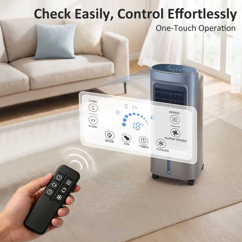 HOMCOM Enfriador de aire portátil 4 en 1 humidificador purificador ventilador, oscilación 90°, 4 velocidades, 3 modos, gris