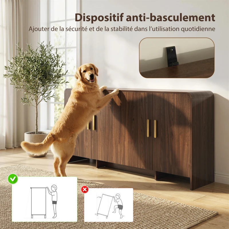 HOMCOM Aparador de cocina, mueble de almacenamiento con 4 puertas de cierre suave, 4 compartimentos y bordes redondeados, 152x40x80cm, nogal