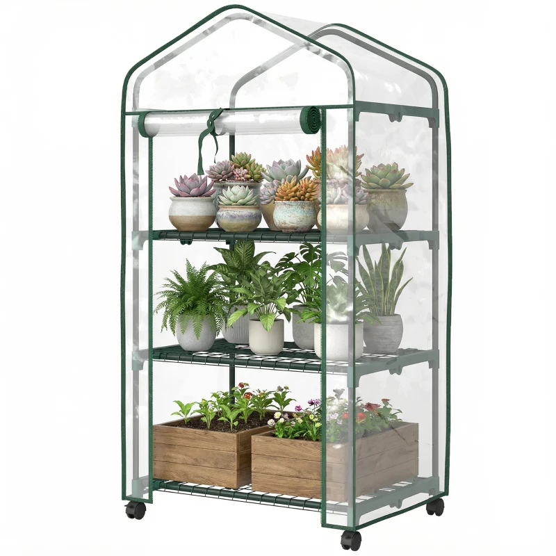 Outsunny Mini invernadero de jardín con 3 estantes, lona de PVC de alta densidad, puerta enrollable 4 ruedas 69 x 49 x 130 cm transparente