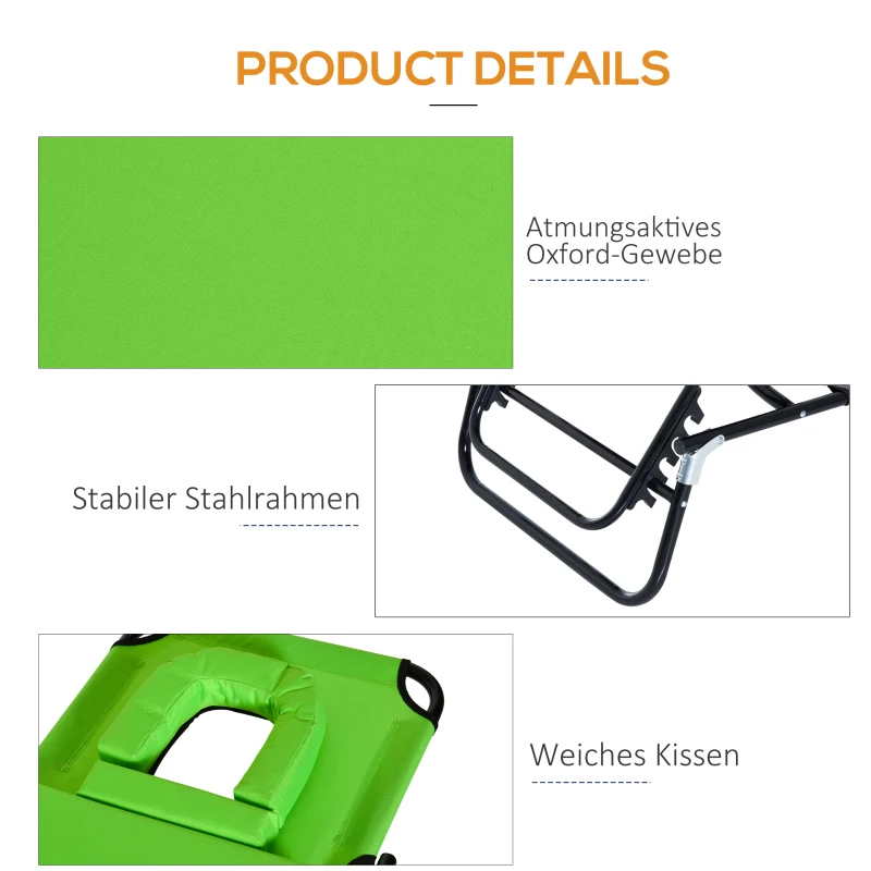 Outsunny Sonnenliege mit Gesichtsloch & Kissen, klappbar, wasserabweisender Bezug, Metallrahmen, Grün