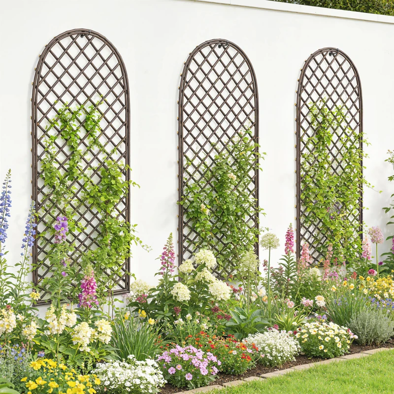 Outsunny Lote de 3 enrejados de jardín de mimbre trenzado Panel arco para plantas trepadoras 43 x 2 x 112 cm, efecto madera natural