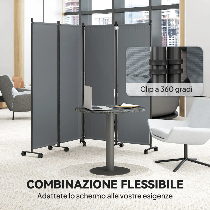Outsunny Paravento da Esterno e Interno a 4 Pannelli Pieghevole con Ruote, 221x50x172cm, Grigio Scuro