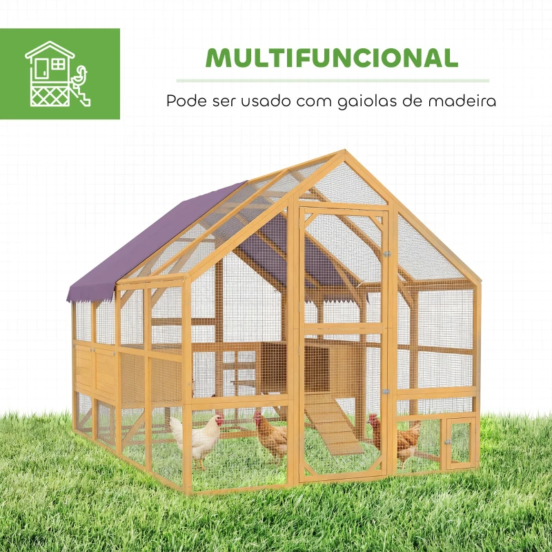 PawHut Galinheiro em madeira com área livre, fecho de segurança, porta, 4 caixas de ninho, para 8-12 galinhas, aprox. 2,8 x 1,8 x 1,9 m, Amarelo