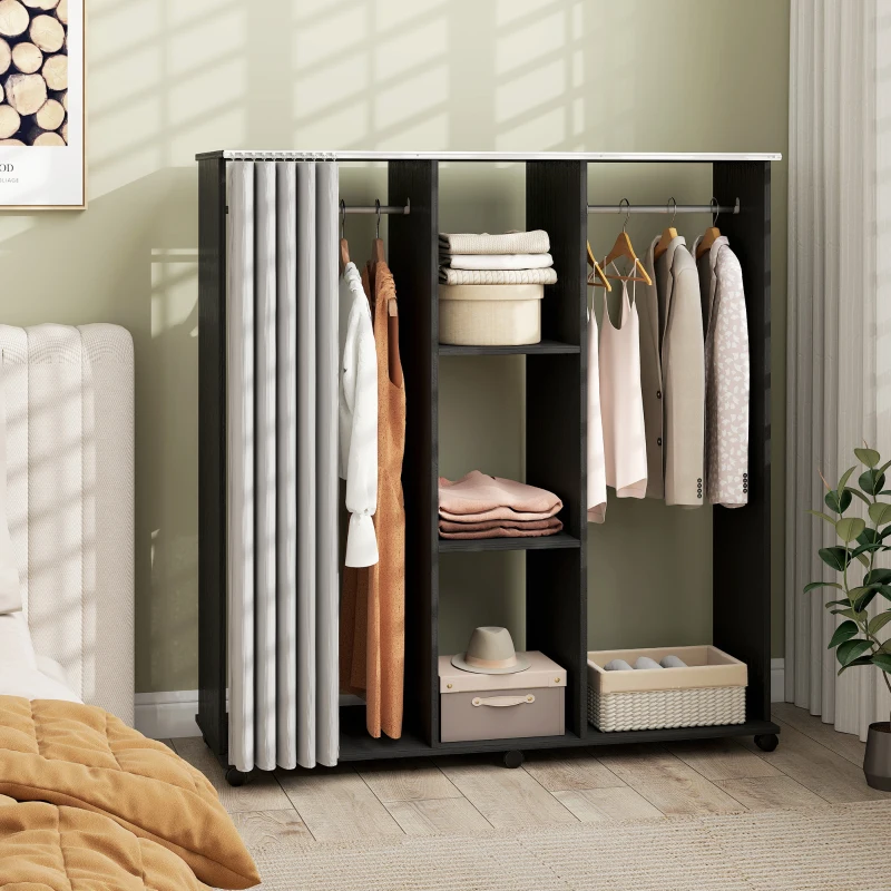 HOMCOM Armario ropero Mueble de Almacenamiento Móvil 6 ruedas 120L x 40l x 128H cm en madera Negro