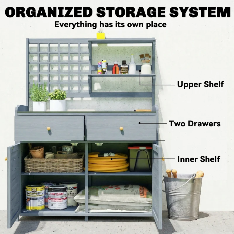 Outsunny Plantentafel met Kast Outdoor - Houten Tuinkast met Gegalvaniseerd Werkblad, 2 Lades, 104x44x140 cm, Lichtgrijs