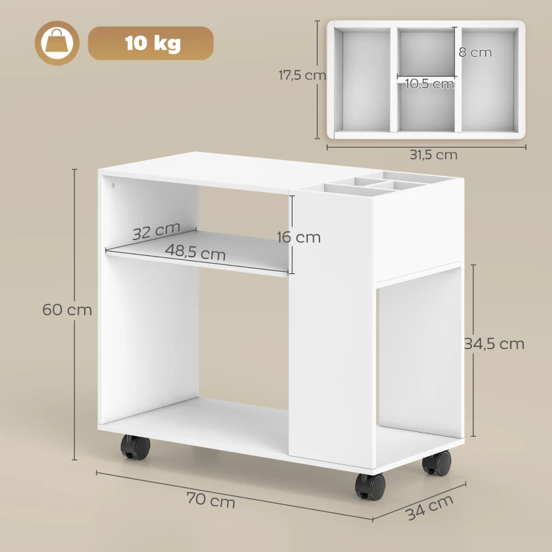 HOMCOM Soporte para impresora Mesa para impresora con compartimento dividido, estantes para oficina 70 x 34 x 60 cm Blanco