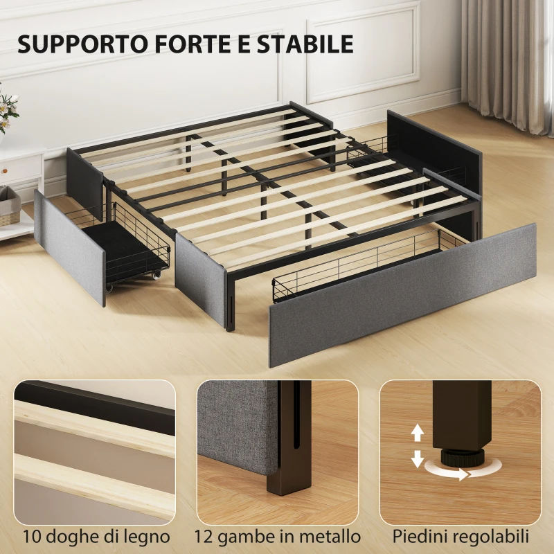 HOMCOM Struttura Letto Matrimoniale a Doghe con 3 Cassetti, in Legno, Poliestere e Metallo, 165x193x30 cm, Grigio