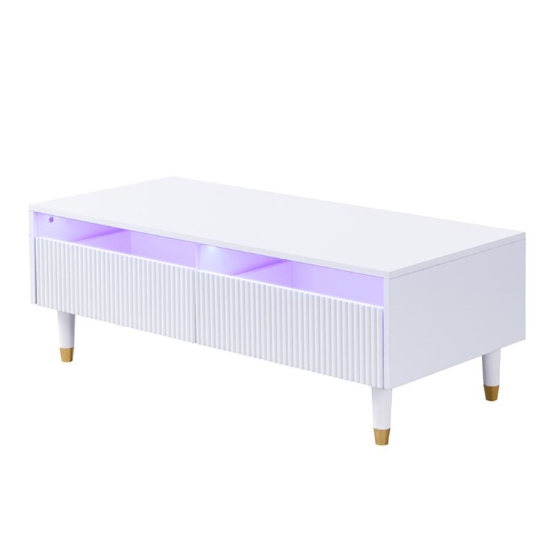 Tavolino da salotto con 2 cassetti e illuminazione LED, 110x50x40 cm, Bianco