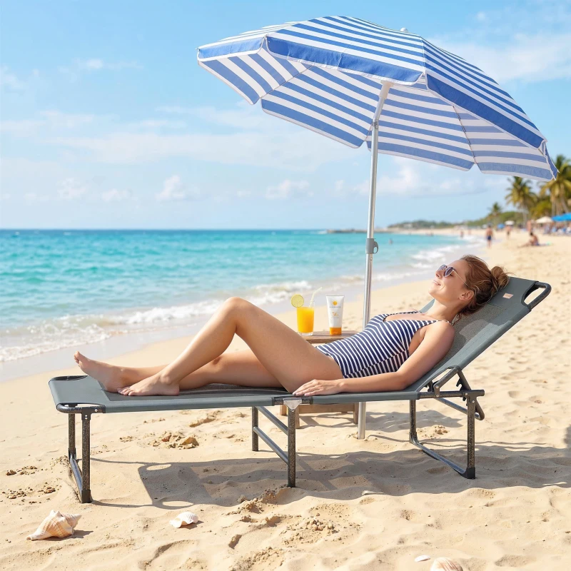 Outsunny Tumbona de Exterior Reclinable 4 Posiciones, Silla Plegable con Asa, Gris.