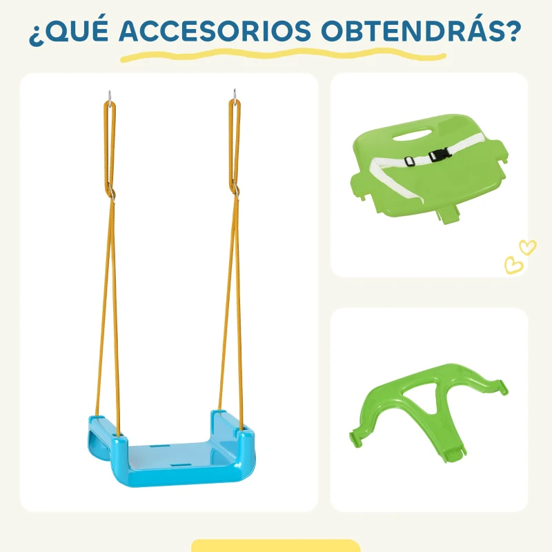 Outsunny Columpio Infantil 3 en 1 Cuerda Ajustable con Respaldo Desmontable Barra en T Cinturón de Seguridad Verde Oscuro