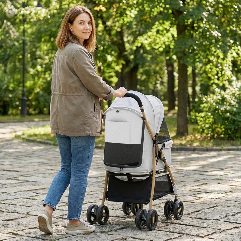 PawHut Carrito para Mascotas con 2 Puertas Ventana de Malla Cesta de Almacenamiento Cuerda de Seguridad 80x44,5x97 cm Gris Claro