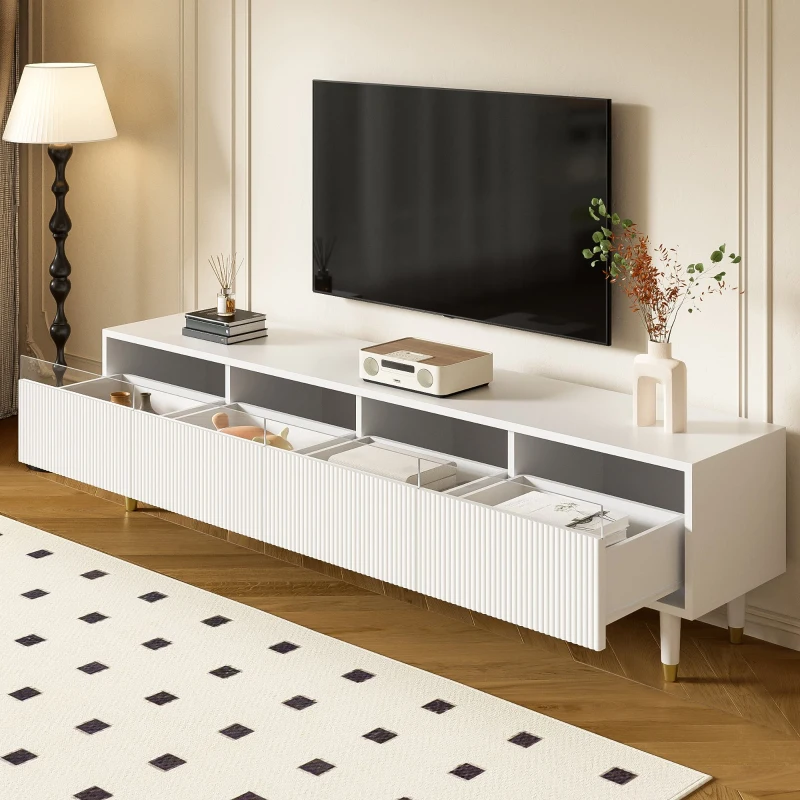 Mobile TV basso con 4 cassetti, in MDF e acrilico, 178x35x45 cm, Bianco