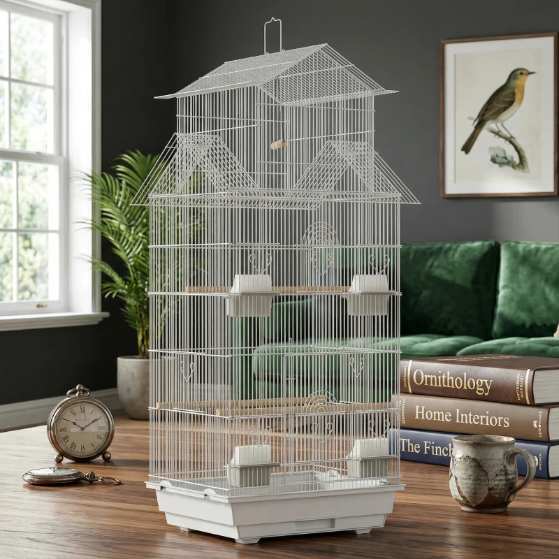 PawHut Cage pour Oiseaux en Acier avec Mangeoires Perchoirs Balançoire et Plateau Amovible 50,5x41x104 cm Blanc