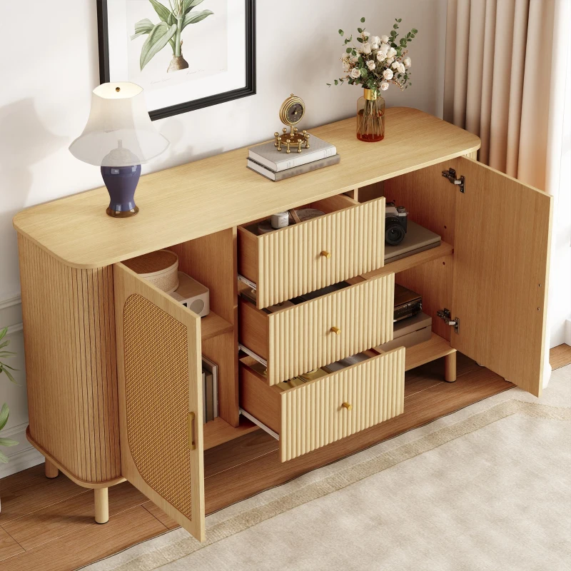Buffet avec portes en rotin, design arrondi, 140x40x80 cm, Couleur naturelle