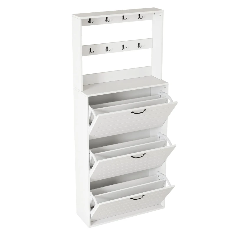 Mobile scarpiera da ingresso con ganci e 3 ante, 70x25x165 cm, Bianco