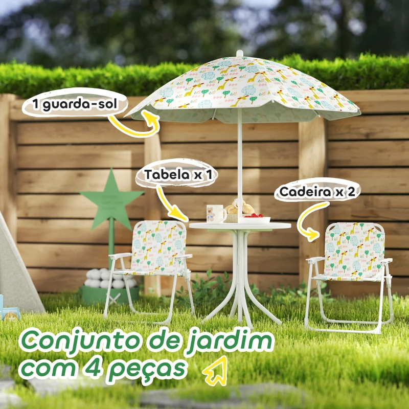 AIYAPLAY Conjunto Infantil de Mesa e Cadeiras de Jardim 4 Peças Cadeiras Dobráveis Chapéu de Sol Ajustável Design de Elefantes Branco