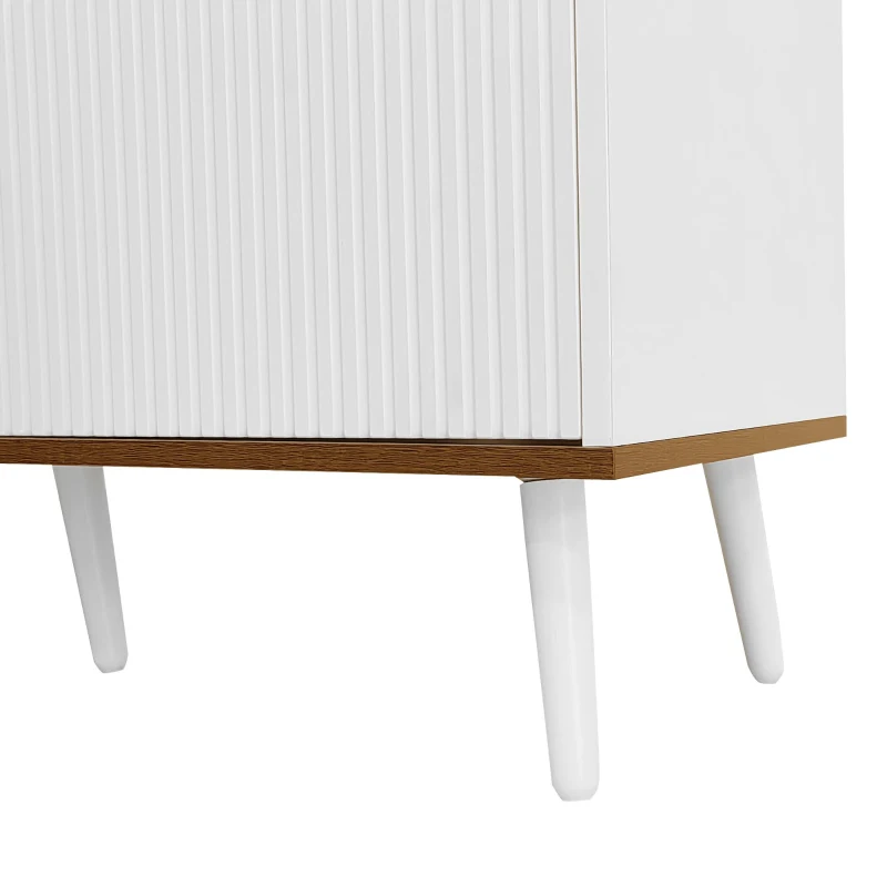 Meuble TV à 3 portes, pieds en bois et rebord surélevé, 160x39x49,5 cm, Couleur naturelle+Blanc