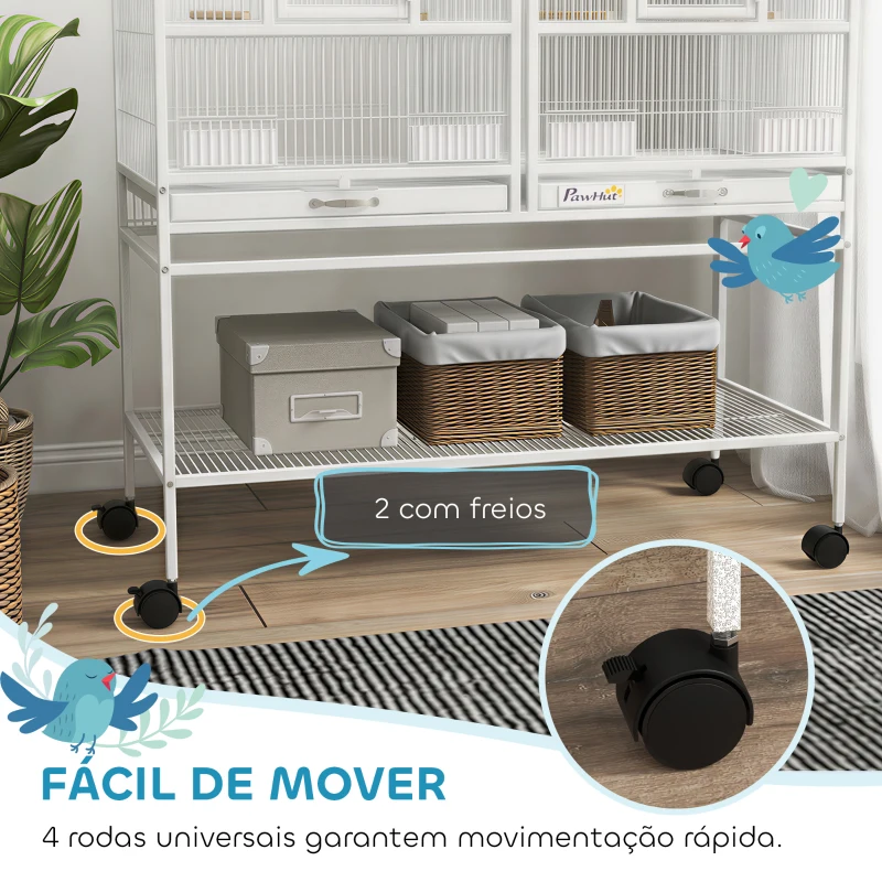 PawHut Gaiola para Pássaros Grande com Divisor Rodas 4 Comedouros 4 Poleiros Prateleira 2 Bandejas Removíveis 95x45,5x102 cm Branco