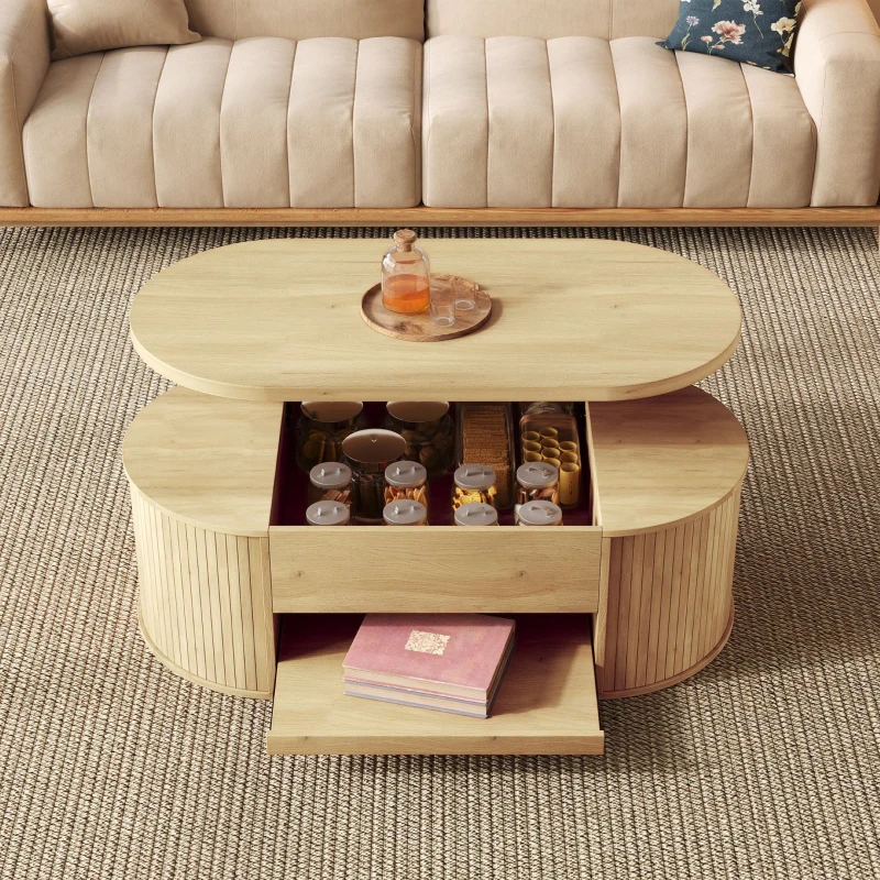 Table basse relevable avec étagère extensible et plateau de table réglable, Table basse avec côtés en bois courbés, 110x55,5x40 cm, Couleur naturelle