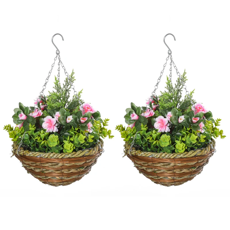Outsunny Juego de 2 Plantas Colgantes de Lisianthus Sintéticas con Maceta de Mimbre y Cadenas Ø25x34 cm Rosa y Verde