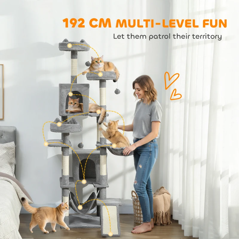 PawHut Cat Tree, 192 cm Large Multi-Level Cat Tower for Indoor Kittens with 8 Scratching Posts, 3 Plush Beds, 2 Hammocks