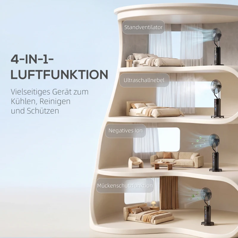 HOMCOM 4-in-1 Standventilator mit Wassernebel Luftreiniger Mückenschutz 9-Stunden-Timer 3 Modi Fernbedienung Schwarz