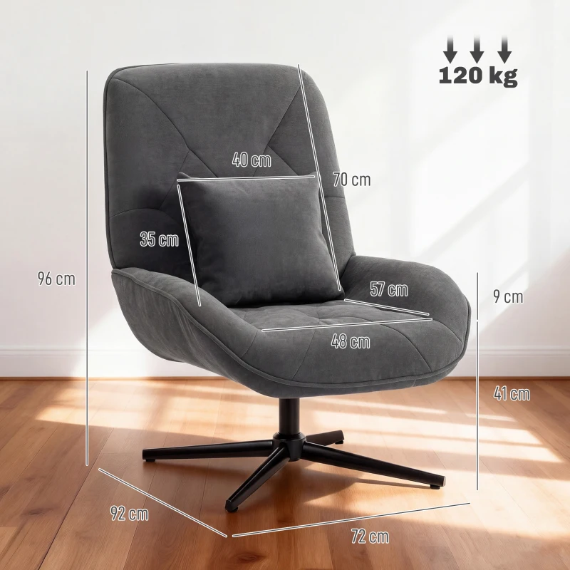 HOMCOM Sillón de acento giratorio, sillón tapizado de chenilla con cojín lumbar, respaldo alto, asiento profundo, gris oscuro