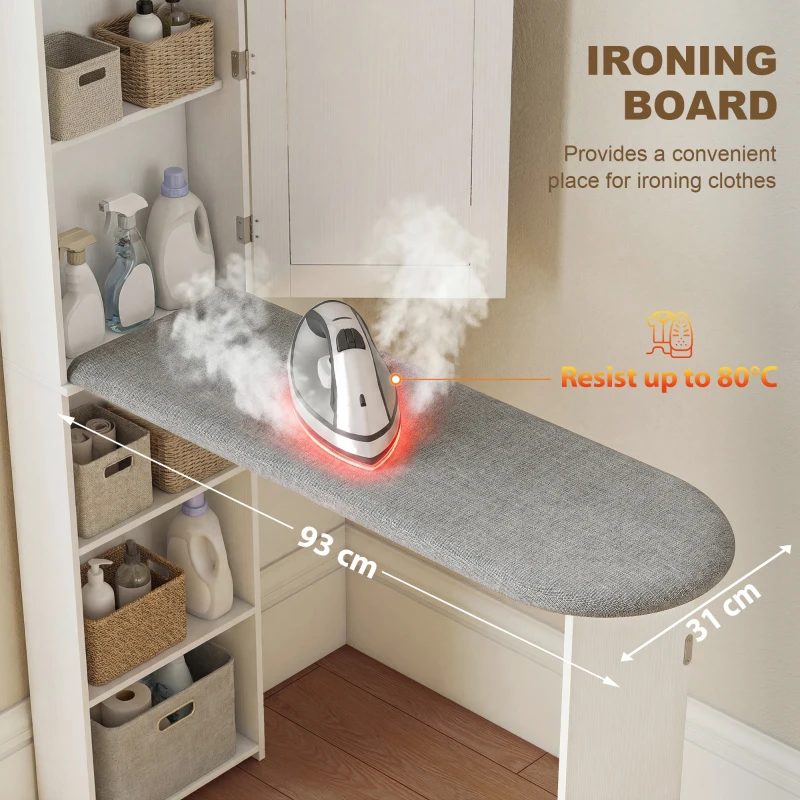 HOMCOM Opvouwbare Strijkplankkast met Deur, Interne Planken, Spiegel, Ruimtebesparende Strijktafel voor Wasverzorging, 106x35x174 cm, Wit
