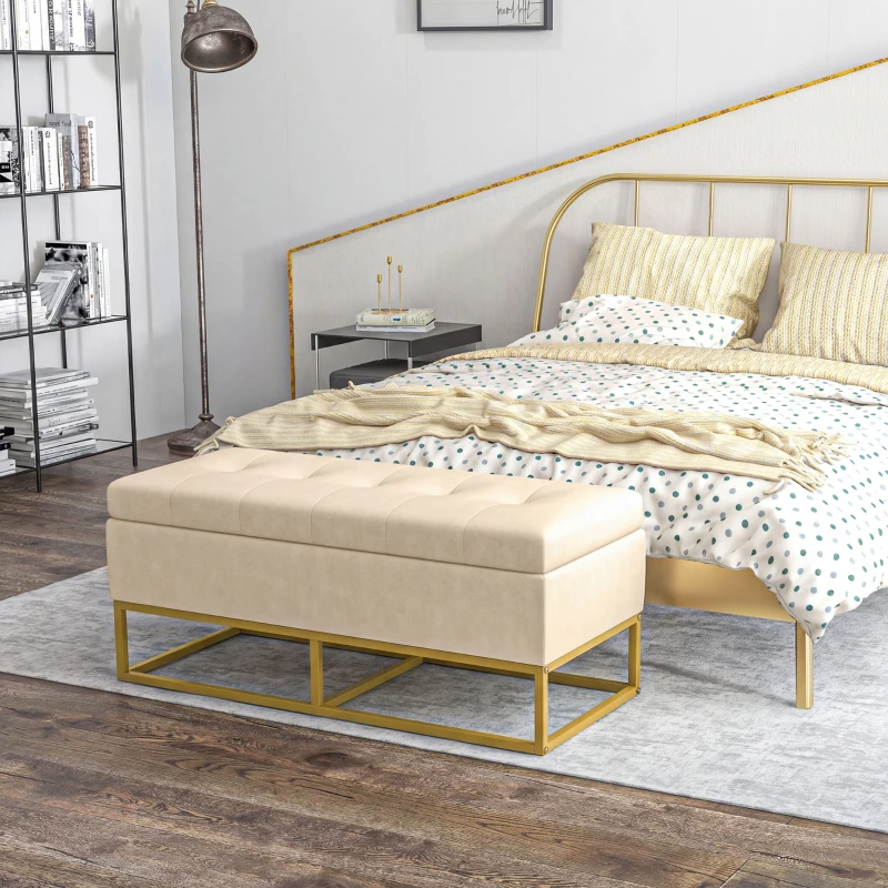 HOMCOM Banco de Armazenamento Botões decorativos Aparência de Pelúcia Pés de Aço Dourados 110x47x46,5 cm