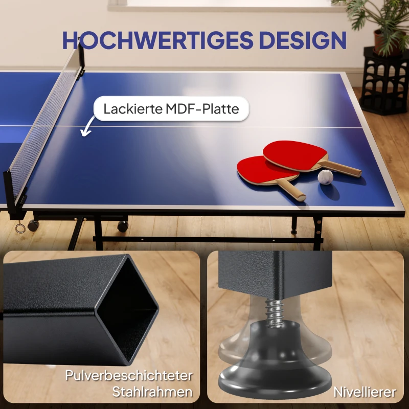 SPORTNOW Tischtennisplatte, klappbar, mobil, 2 Schläger, 3 Bälle, Metallrahmen, 274x152,5x76 cm, Blau