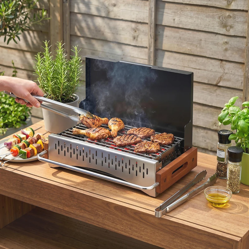 Outsunny Barbecue a Carvão Dobrável Portátil 50,5x34x33 cm com Bandeja de Carvão Removível para Camping, Piqueniques, Preto