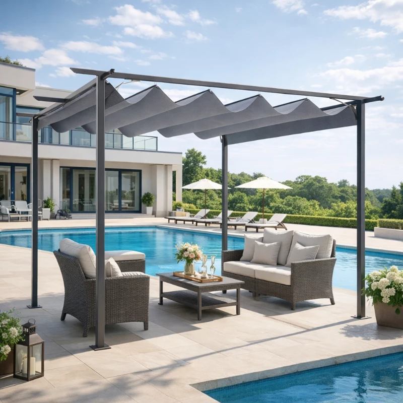 Outsunny 3.5M X 3.5M Metal Pergola Gazebo Awning Retractable Canopy Outdoor Garden Sun Shade Shelter Marquee Party BBQ, Grey