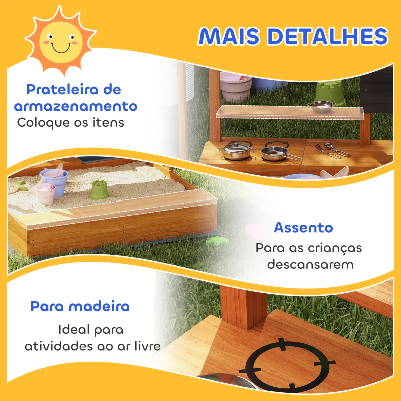 Outsunny Caixa de Areia de Madeira para Crianças com Toldo Regulável e Brinquedos de Cozinha para Crianças de 3-7 Anos 114x110x110 cm Vermelho