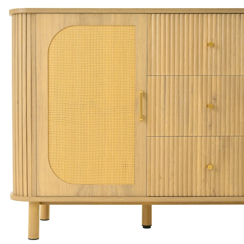 Buffet avec portes en rotin, design arrondi, 140x40x80 cm, Couleur naturelle