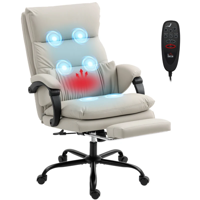 HOMCOM Silla de Oficina con Masaje y Calefacción, Reclinable 135° con Reposapiés en Piel PU, Gris Claro