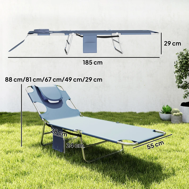 Outsunny 5-Position Adjustable Sun Loungers Set of 2 with Reading Hole and Side Pocket, Grey