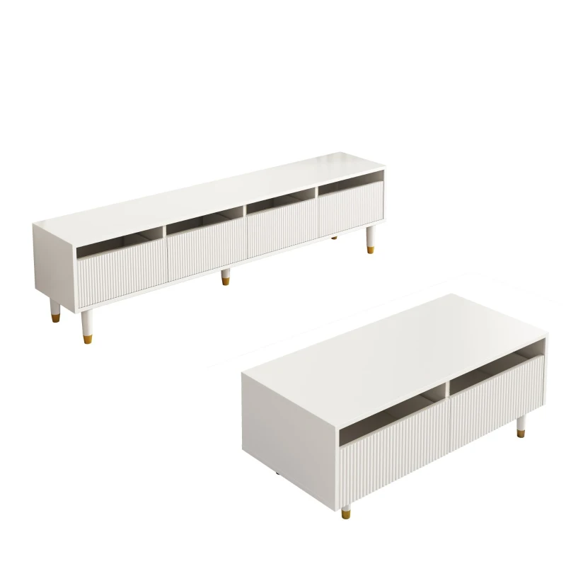 Set 2 mobili contenitore a LED con 4 ante e 2 cassetti, 178x35x45 e 110x50x40 cm, Bianco