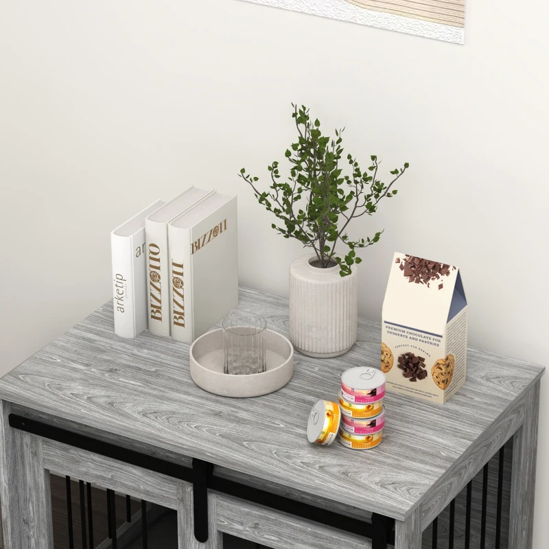 PawHut Jaula caja para perro animales interior puerta corredera, metal efecto madera, dim. 57H x 80L x 54l cm