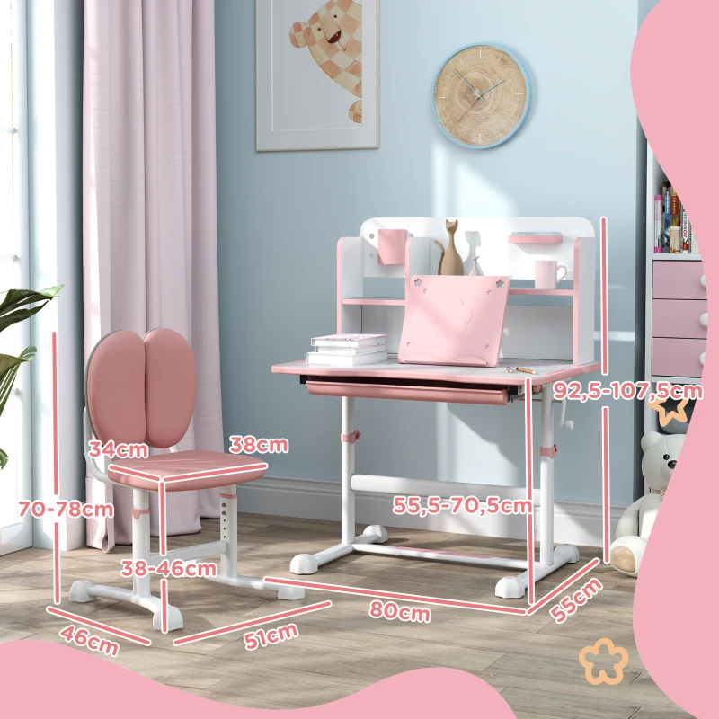 AIYAPLAY Conjunto de Secretária e Cadeira para Crianças Secretária Infantil Altura Ajustável 80x55x107,5 cm Rosa