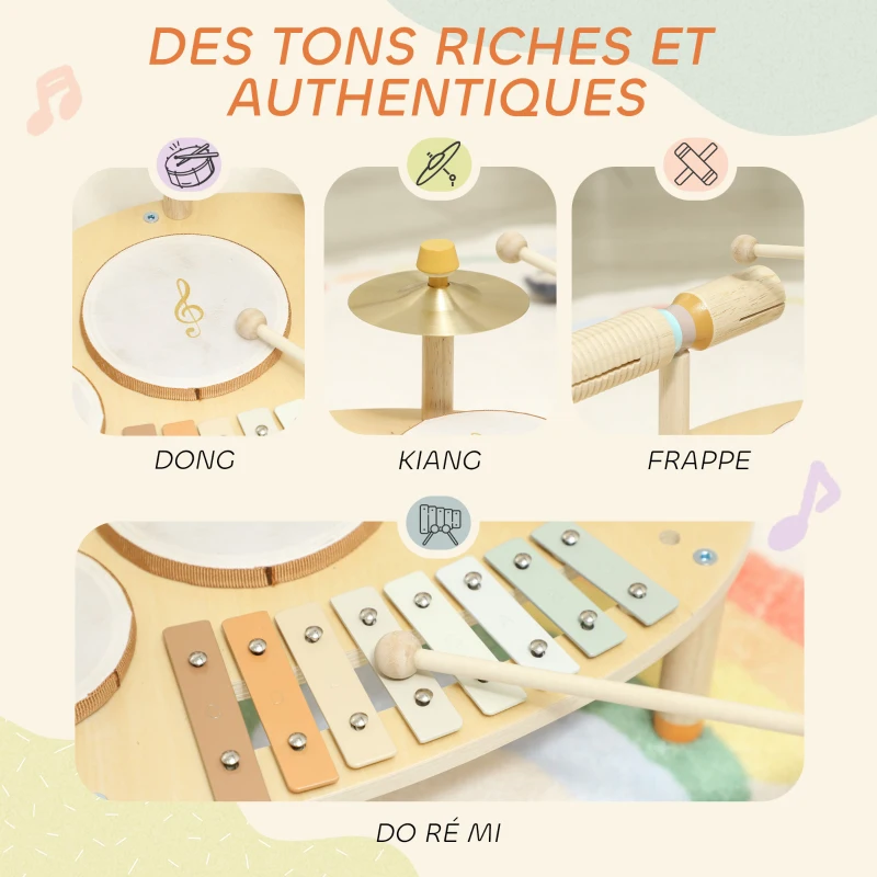AIYAPLAY Jeux de Tambours pour Bébé, Tambour bébé avec Xylophone pour Tout-Petits, Instruments de Musique en Bois, Naturel