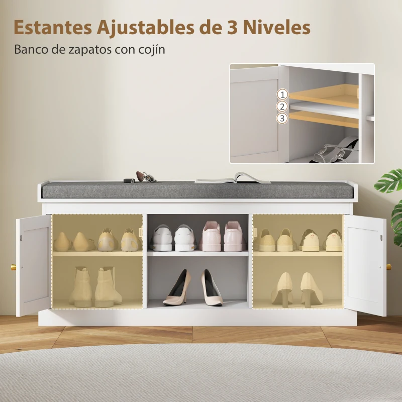 HOMCOM Banco Zapatero con Puertas Frentes de Ratán Estantes Ajustables y Abiertos para Entrada Dormitorio 105x35x47 cm Blanco